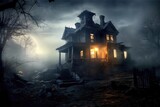 Photo of a scary house in a mysterious woodland. Halloween concept. Generative AI