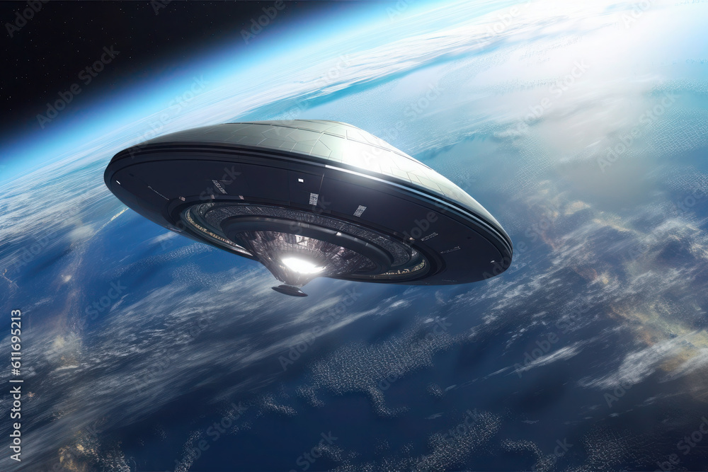 Futuristic UFO on the background of the planet and space. unidentified flying object. generative ai, ai, generative, neural network Futuristic UFO on the background of the planet and space. unidentified flying object. generative ai, ai, generative, neural network