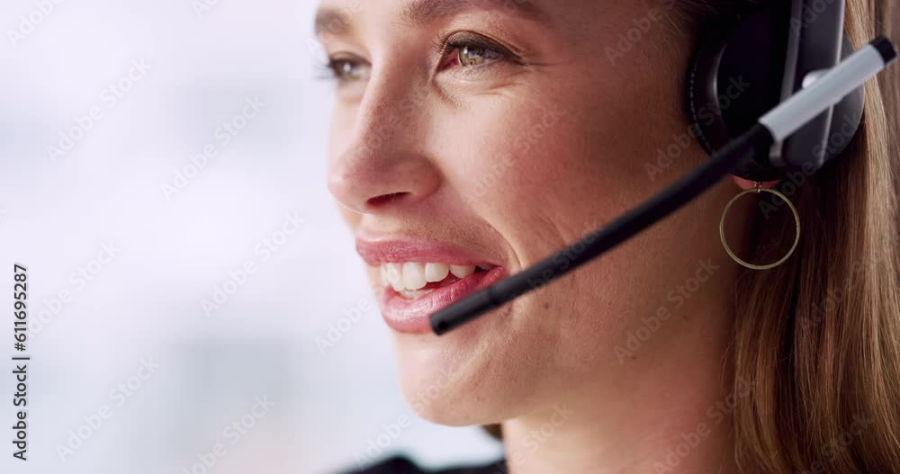 Call center, face and happy woman talking for customer service, telemarketing and CRM consulting. Closeup of female agent, communication and microphone to contact us, help desk and technical support Call center, face and happy woman talking for customer service, telemarketing and CRM consulting. Closeup of female agent, communication and microphone to contact us, help desk and technical support