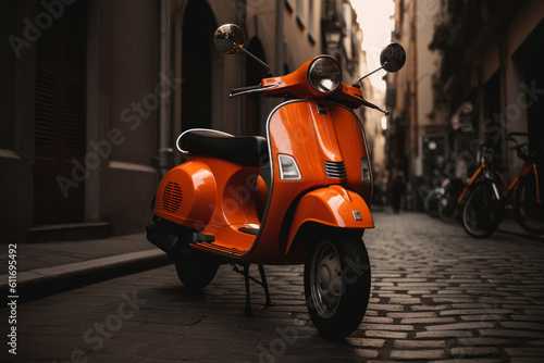 Vintage retro motor scooter parked on a city street, AI Generated
