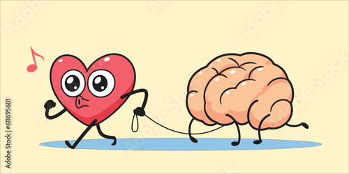 The Heart holding a leash with a brain. Isolated Vector Illustration