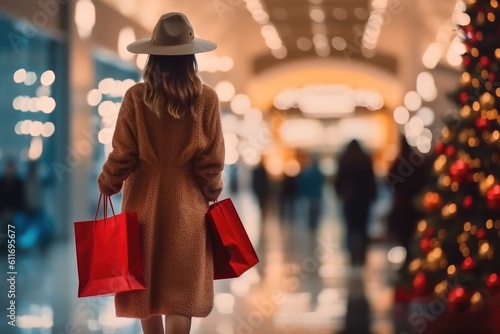 A woman walking around the mall before Christmas with her shopping bag. Generative AI