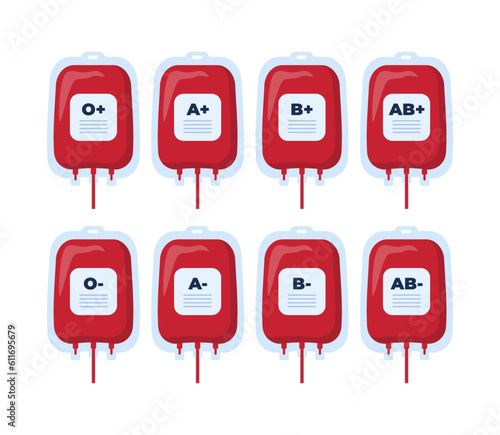 Blood bags with blood types. Blood group vector icons.