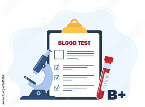 Analysis to determine the blood group. Medical blood test concept. Patient blood in test tubes, microscope, exam checklist. Vector illustration.