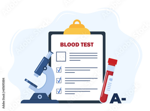 Analysis to determine the blood group. Medical blood test concept. Patient blood in test tubes, microscope, exam checklist. Vector illustration.