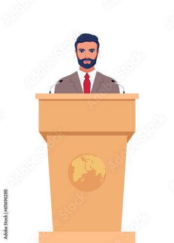 Man in a business suit stands on a rostrum in front of the microphones. Man orator speaking from tribune. Vector illustration.
