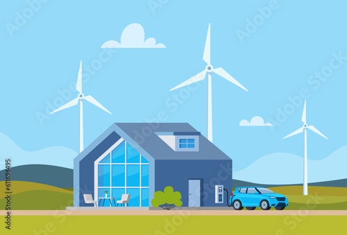 Green energy and eco friendly modern house. Solar, wind power. Electric car parking charging at family home charger station. Wind turbines at background. Vector illustration.
