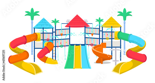 Two-story children's complex in the aqua park with water slides, water jets. Vector cartoon aquapark with colorful spiral pipe water slides.