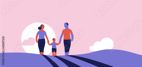 A loving family, comprising a father, mother, and son, stride forward hand in hand, forging a path towards their collective future, fueled by unity, support, and unwavering determination.