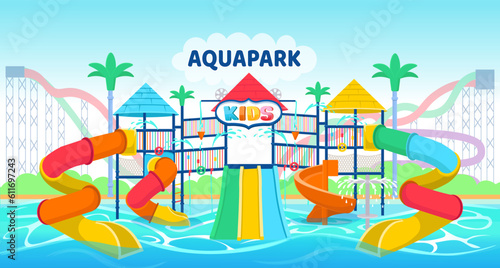 Two-story children's complex in the aqua park with water slides, water jets. Vector cartoon aquapark with colorful spiral pipe water slides.