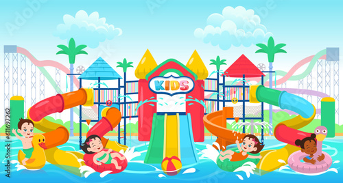 Two-story children's complex in the aqua park with kids, water slides, water jets . Vector cartoon aquapark with colorful spiral pipe water slides.
