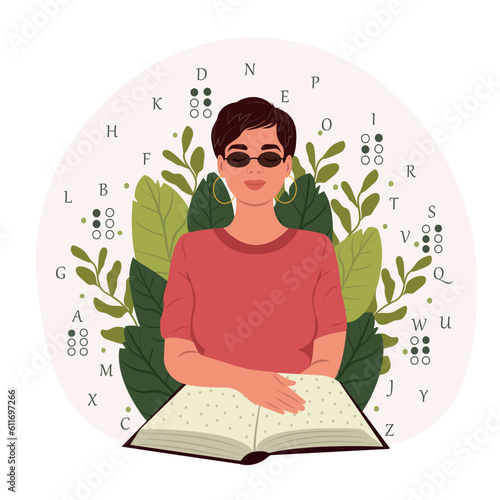 Young smiling blind woman wearing glasses reads something in braille. World Braille Day.
