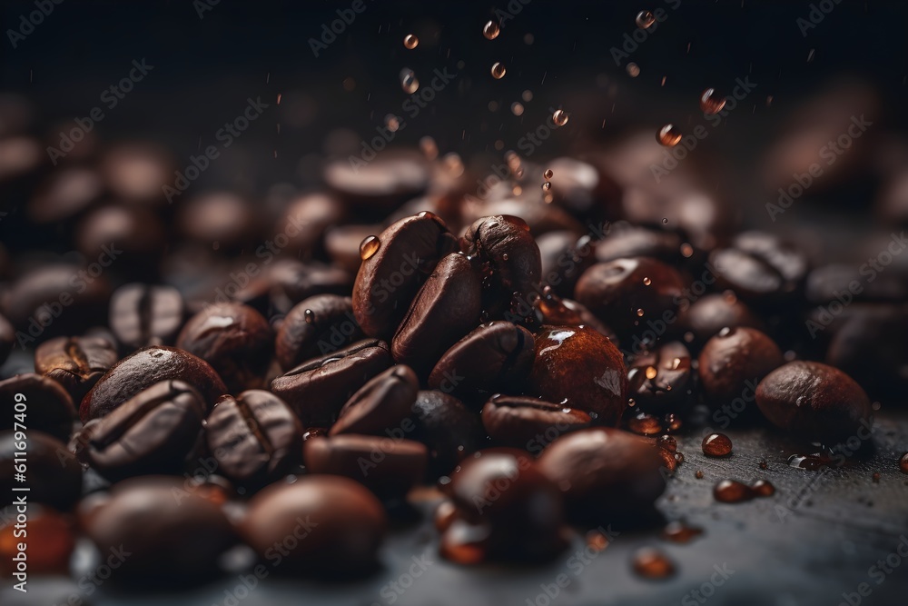 Coffee beans falling into a splash of chocolate on a black background - obrazy, fototapety, plakaty 