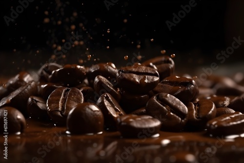 Coffee beans falling into a splash of chocolate on a black background © Canities