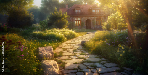 a pathway leading to a house, colorful gardens, golden light - generative ai