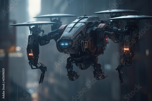 Flying robot. Futuristic concept. AI generative.