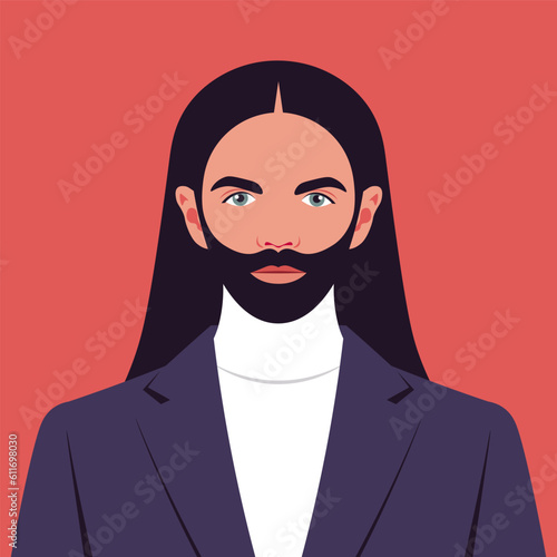 The portrait of long-haired man with beard. The avatar for social media. Vector illustration in flat style.