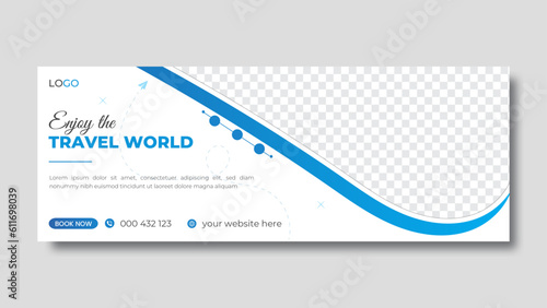 Modern abstract blue color tour and travel Facebook cover design and web banner design vector template.