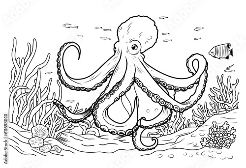 Octopus coloring book. Coloring page simple line illustration of octopus and underwater world.
