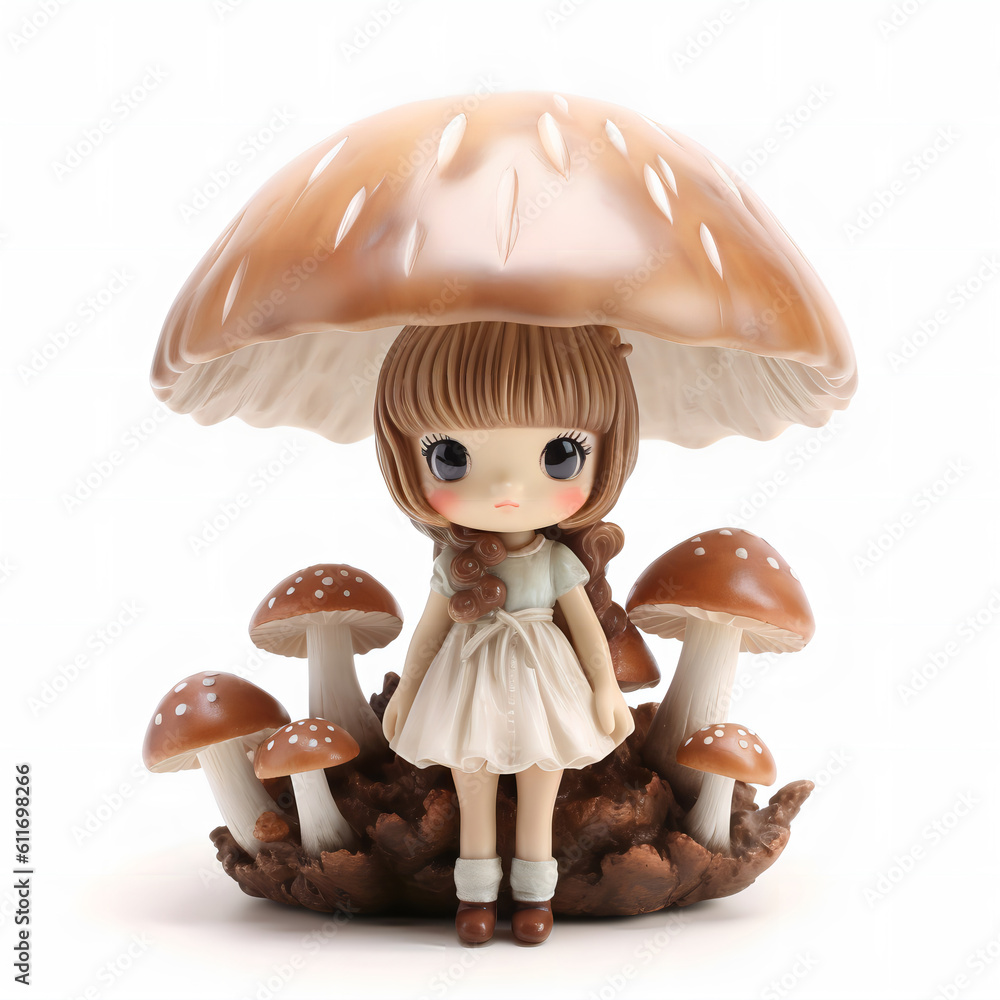 Girl doll lives in a mushroom in the forest white background. Stock ...