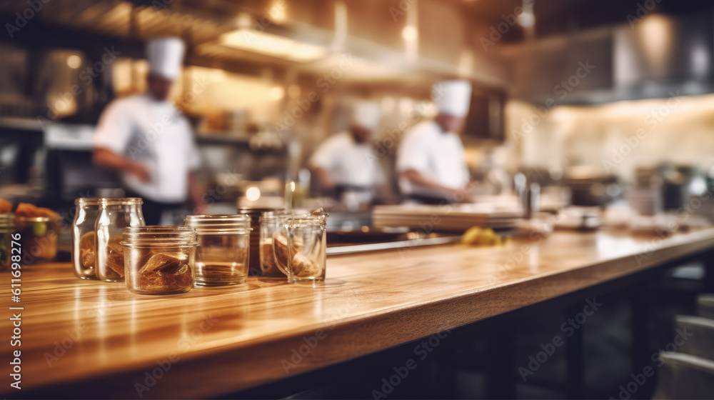 Empty Wood Tabletop with Chef Cooking in Blurred Restaurant Kitchen