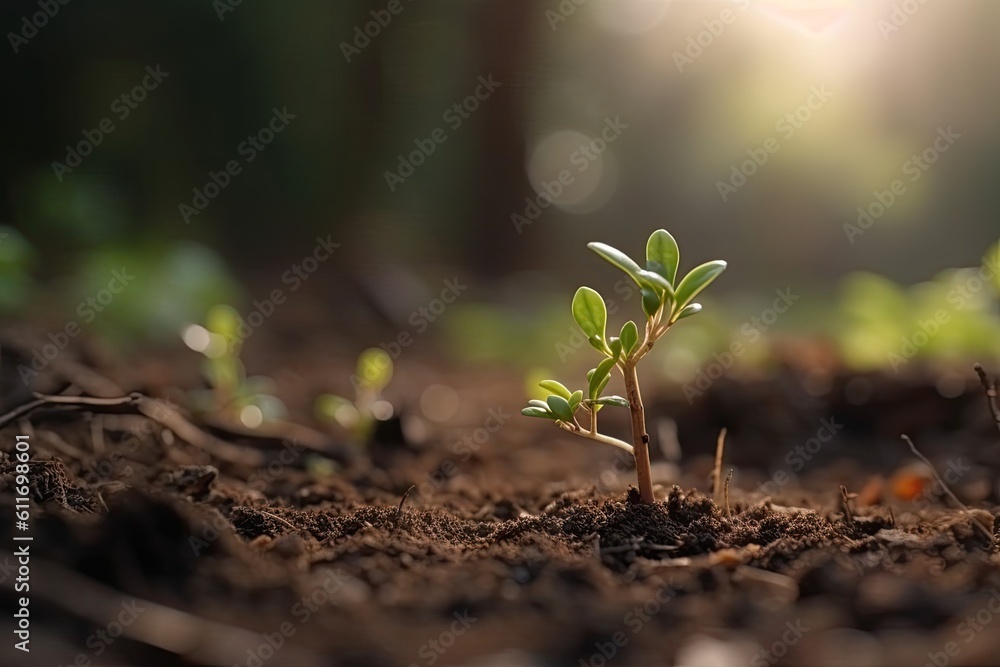 Little young plant prouting from the soil, representing growth and new beginnings. Generative AI Little young plant prouting from the soil, representing growth and new beginnings. Generative AI