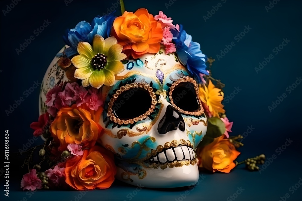 Day of the Dead sugar skull mask with flowers on blue background
