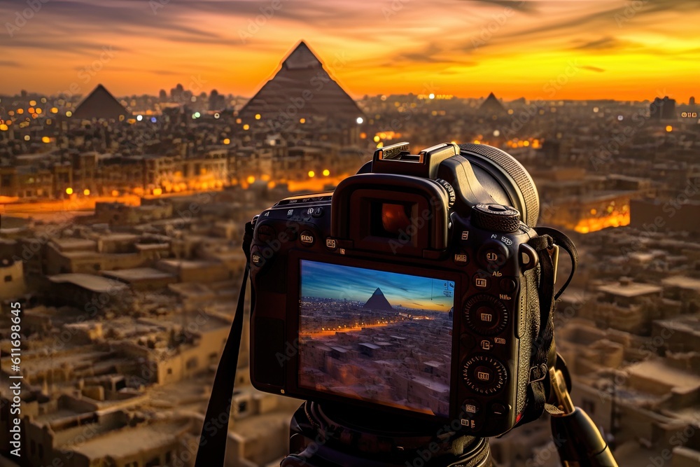Digital camera the view of egypt pyramids at sunset with background on ...