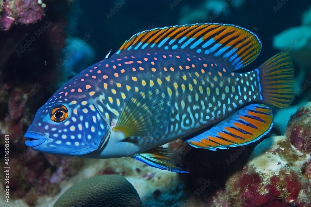 Tropical fish swims at the bottom of the sea. Tropical fish swims at the bottom of the sea.