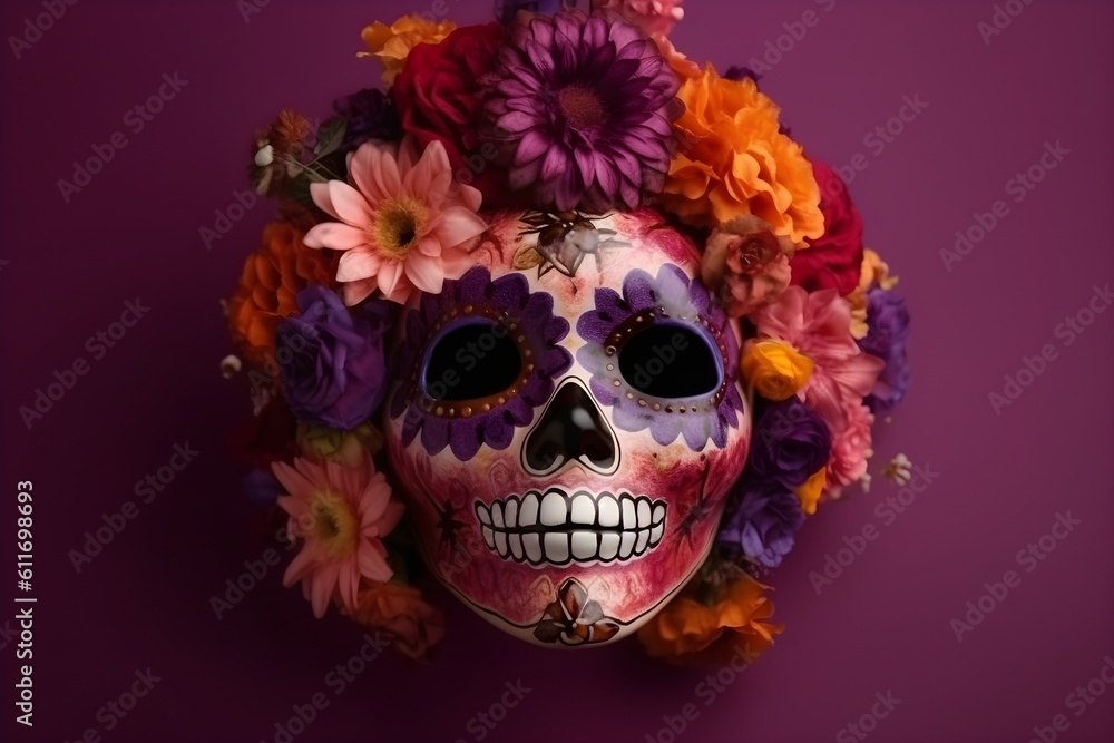 Day of the Dead sugar skull mask with flowers on purple background