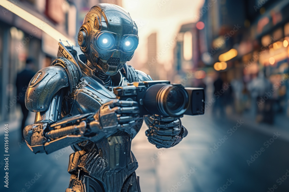 A robot holding a camera instead of a human in the city The concept of robots working for humans in the future. Generative ai A robot holding a camera instead of a human in the city The concept of robots working for humans in the future. Generative ai