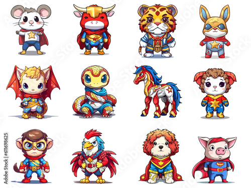 Collection Vector of Hero Twelve Chinese Zodiac Year Astrological Signs and Symbol in Cute Cartoon Style on White Background