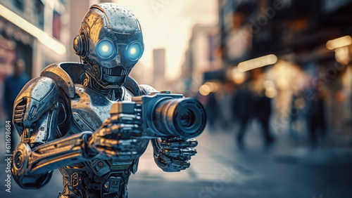 A robot holding a camera instead of a human in the city The concept of robots working for humans in the future. Generative ai