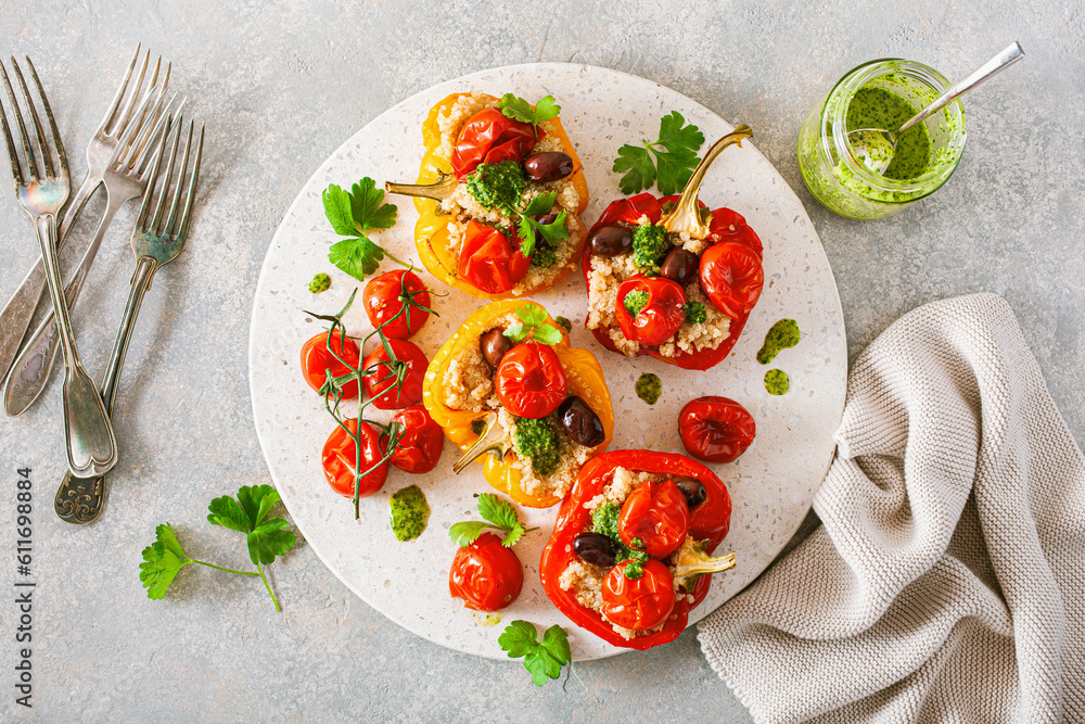 stuffed bell peppers with quinoa tomatoes olives and herb sauce chimichurri stuffed bell peppers with quinoa tomatoes olives and herb sauce chimichurri