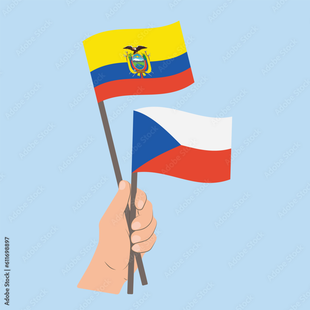 Flags of Ecuador and Czech Republic, Hand Holding flags Flags of Ecuador and Czech Republic, Hand Holding flags