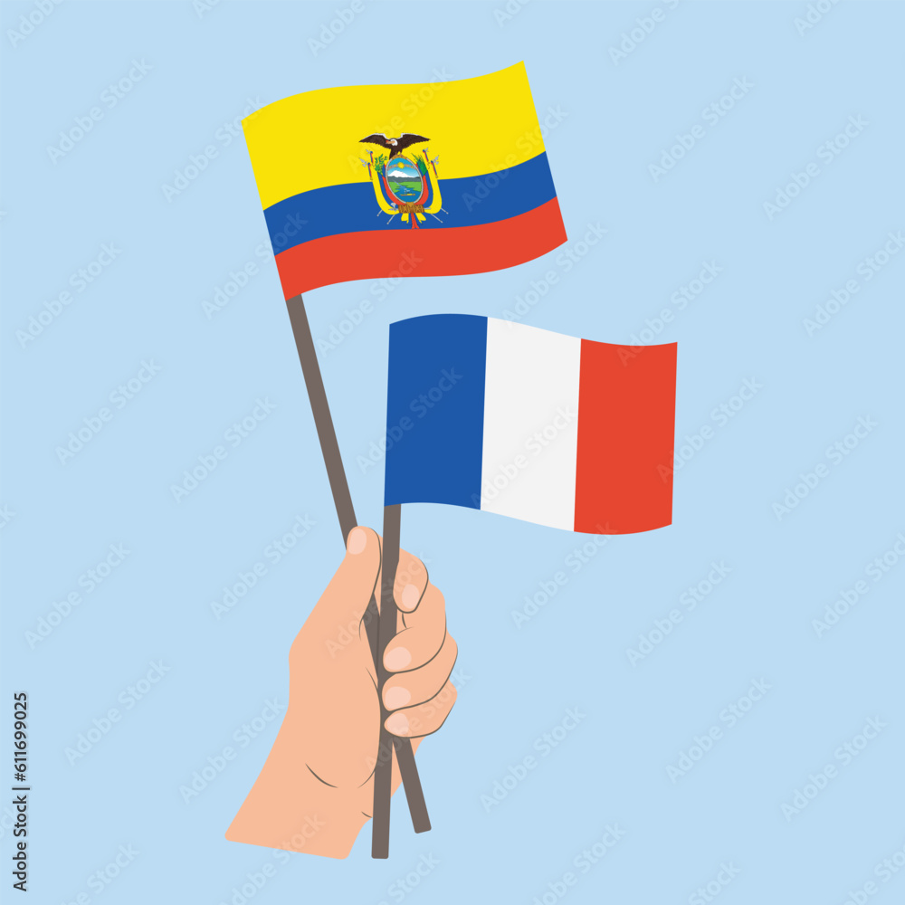 Flags of Ecuador and France, Hand Holding flags Flags of Ecuador and France, Hand Holding flags
