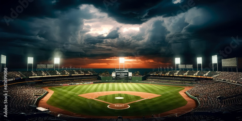 Baseball field at dusk with the lights turned on. Generative Ai.
 photo