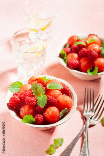 watermelon ball salad with raspberry lemon balm. healthy summer dessert