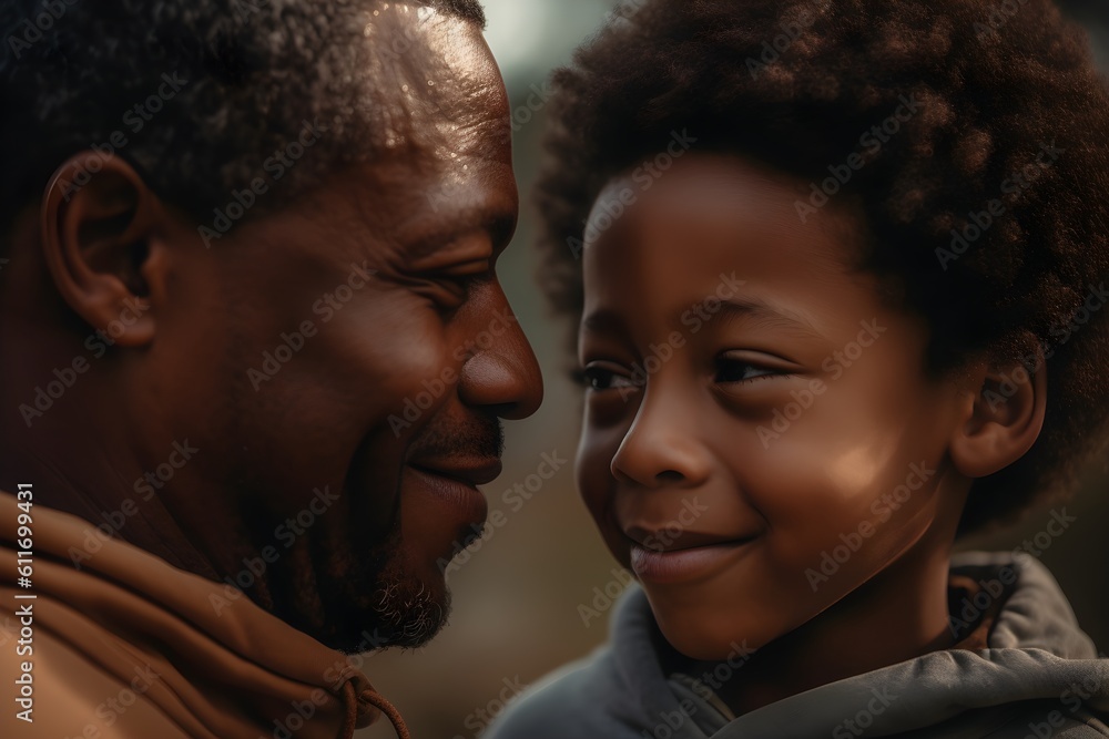 Happy African american father and son looking at each other in the park Happy African american father and son looking at each other in the park