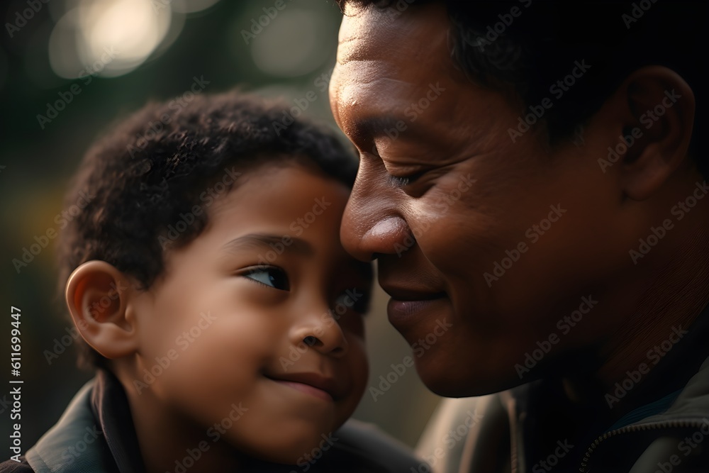 Happy African american father and son looking at each other in the park. Generative AI Happy African american father and son looking at each other in the park. Generative AI