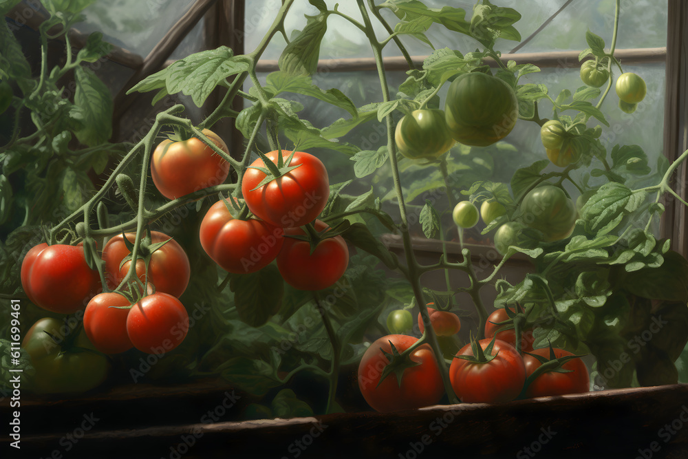 tomatoes in a greenhouse with green leaves - generative ai
