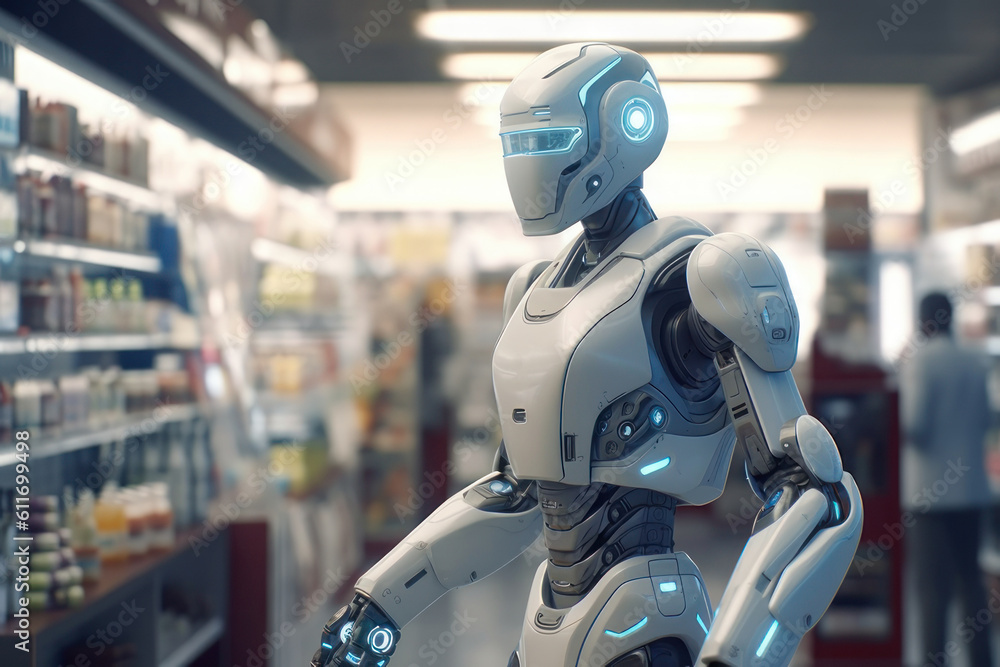 Robot in the store, shopping of the future. AI generative. Robot in the store, shopping of the future. AI generative.