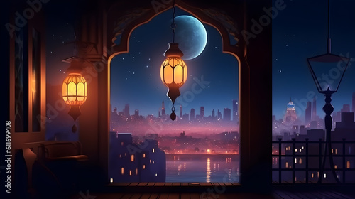 an arabic lantern sitting in a window at night in the background - generative ai