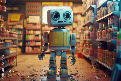A cute robot in the store makes purchases. AI generative.
