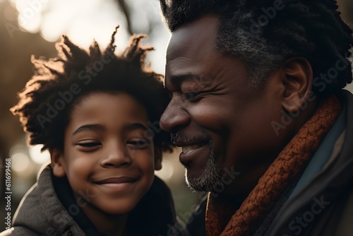 Happy African american father and son looking at each other in the park. Generative AI photo