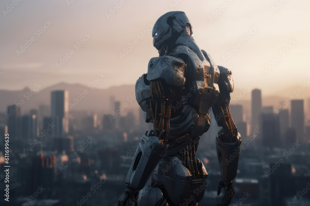 Robot on the background of the city. AI generative. Robot on the background of the city. AI generative.