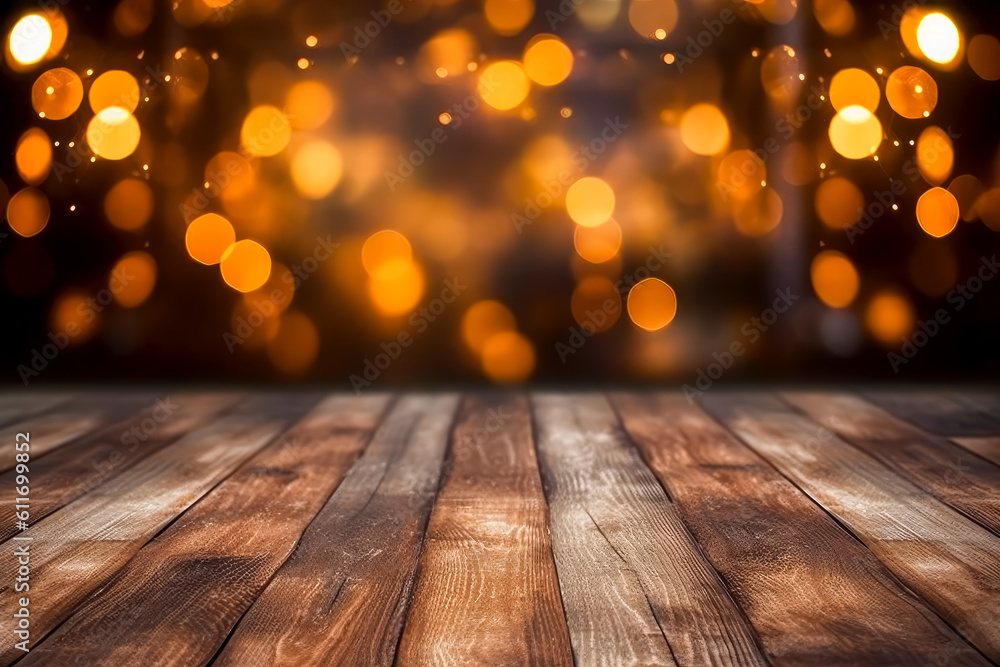 Christmas bokeh shot on wooden floor, in the style of flat backgrounds, holiday background template for product mockup. Generative Ai.