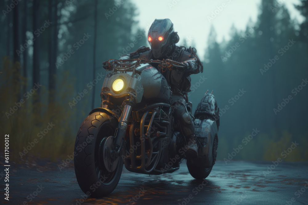 The robot rides a motorcycle on a forest road. AI generative.