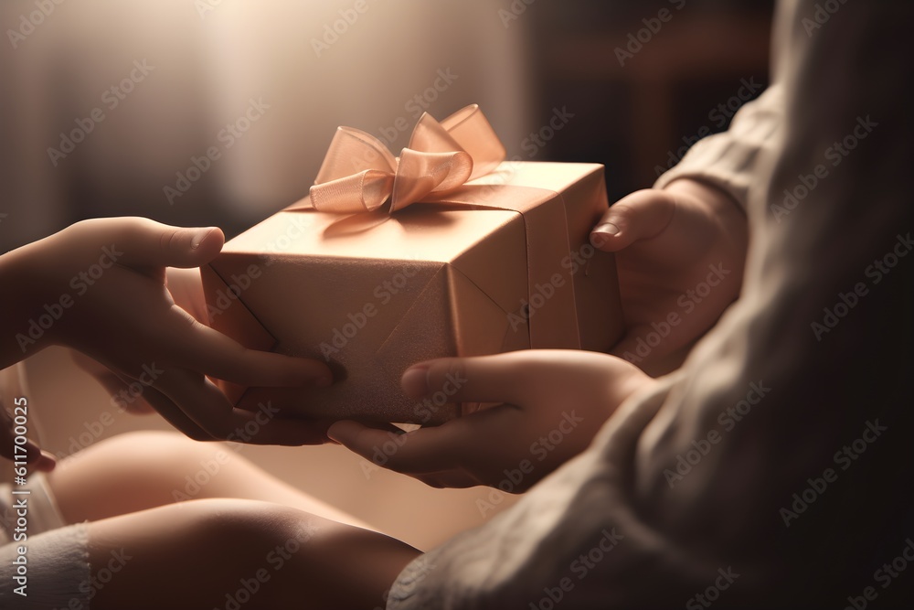 Mother and daughter holding gift box at home