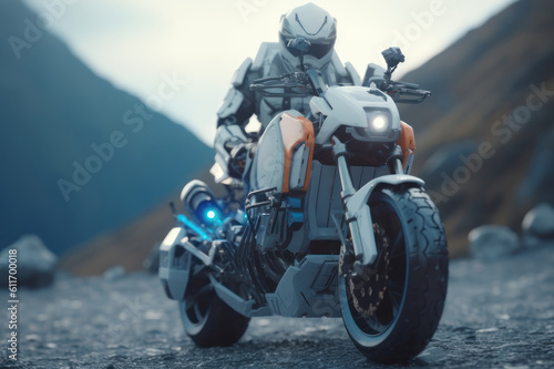 Robot and motorcycle. AI generative.